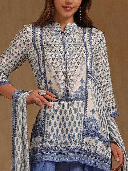 Dhiyona SO Women's Floral Printed Mandarin Collar Muslin Straight Kurti With Dhoti Pants & Dupatta