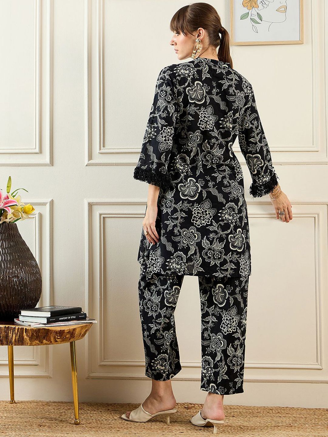 Dhiyona IE Floral Printed Mandarin Collar Pure Cotton Tunic Top With Trousers