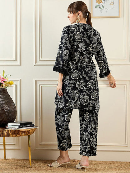 Dhiyona IE Floral Printed Mandarin Collar Pure Cotton Tunic Top With Trousers