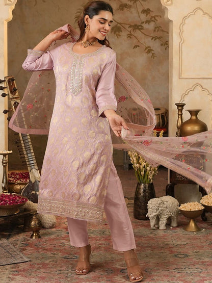 Ethnic Motifs Woven Design Zari Straight Kurta With Trousers & Dupatta