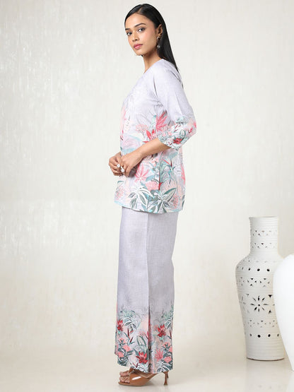Dhiyona SO Women's Women Floral Printed Regular Linen Kurta with Palazzos