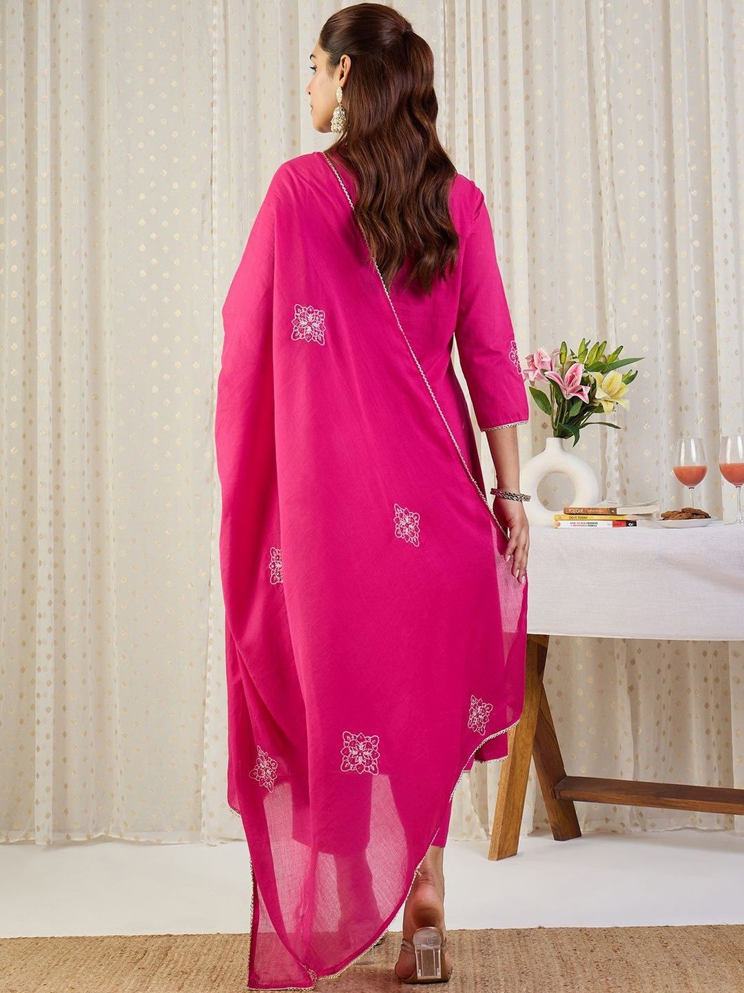 Embroidered Notch Neck Thread Work Pure Cotton Kurta With Trousers & Dupatta