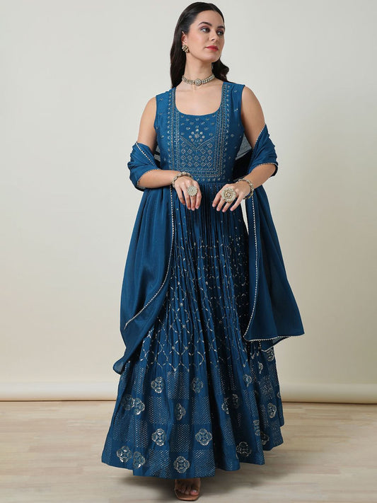 Dhiyona SO Women's Women Printed Angrakha Sequinned Kurta with Churidar & With Dupatta