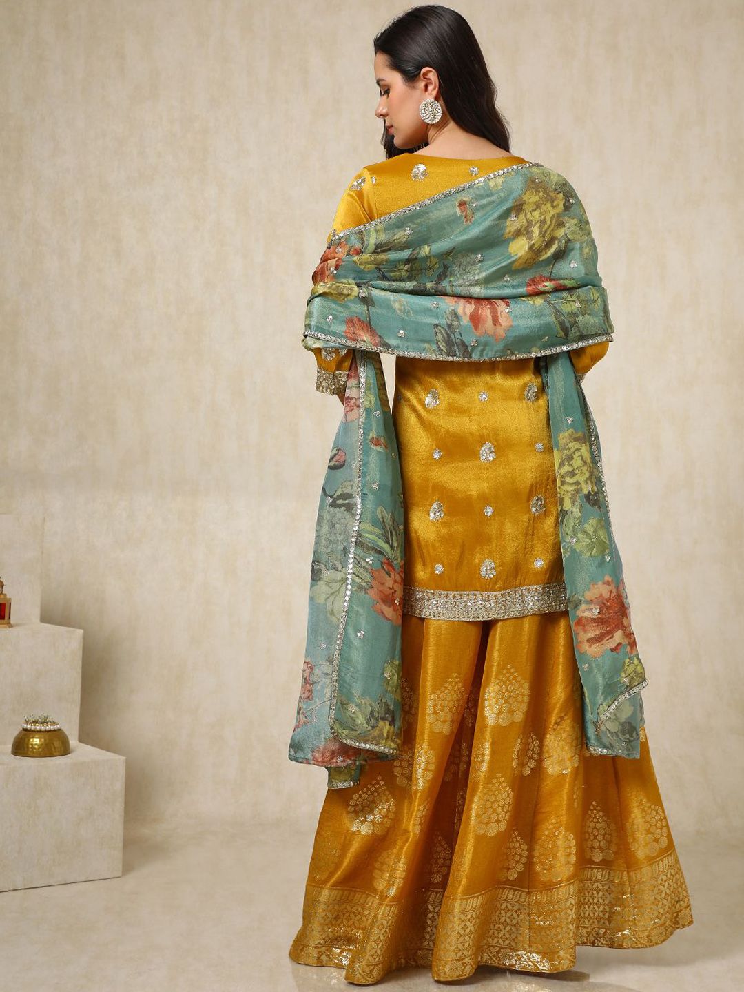 Dhiyona SO Women's Ethnic Motifs Embroidered Zari Straight Kurti with Palazzos & Dupatta