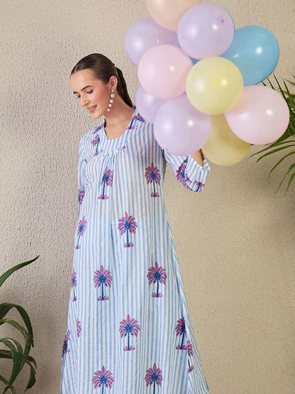 Dhiyona IE Striped Shirt Collar A-Line Pure Cotton Kurta & Trousers