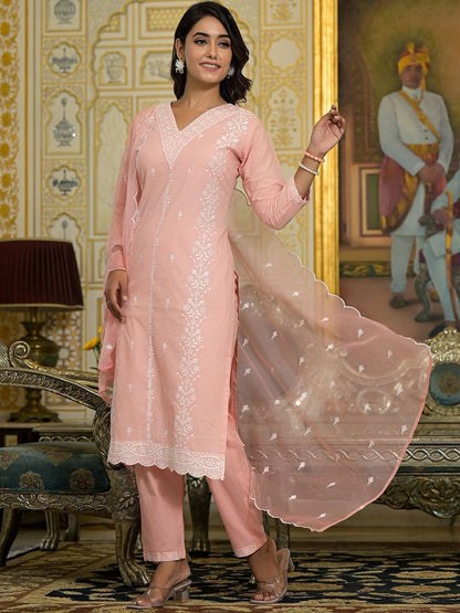 Dhiyona VA Women's Floral Embroidered Regular Pure Cotton Kurta with Trousers & With Dupatta