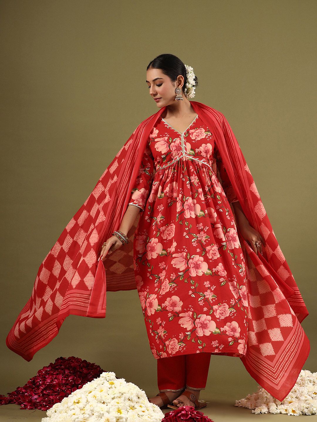 Floral Printed Empire Gotta Patti Pure Cotton Kurta With Trousers & Dupatta