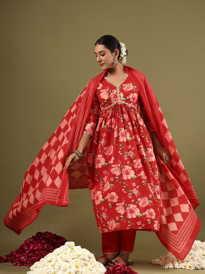 Floral Printed Empire Gotta Patti Pure Cotton Kurta With Trousers & Dupatta