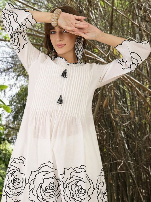 Women Floral Printed Pleated Thread Work Pure Cotton Kurta with Trousers