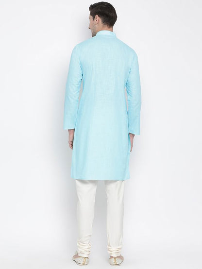 Men's Light Blue Cotton Linen Straight Kurta Pyjama Set