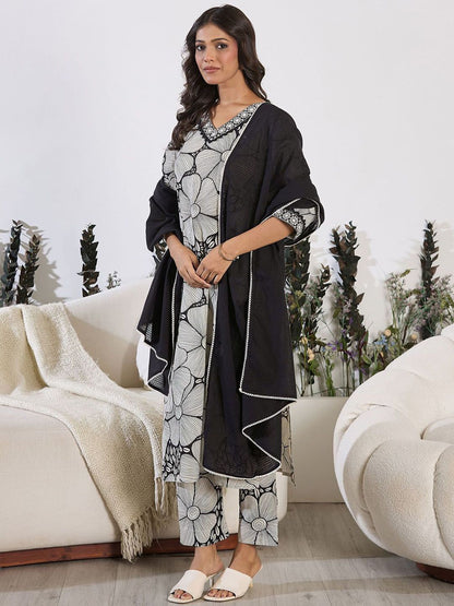 Dhiyona IE Floral Printed Sequinned Pure Cotton Straight Kurta with Trouser & Dupatta