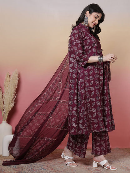 Dhiyona SN Women's Floral Printed Mandarin Collar Pure Cotton Anarkali Kurta With Trouser & Dupatta