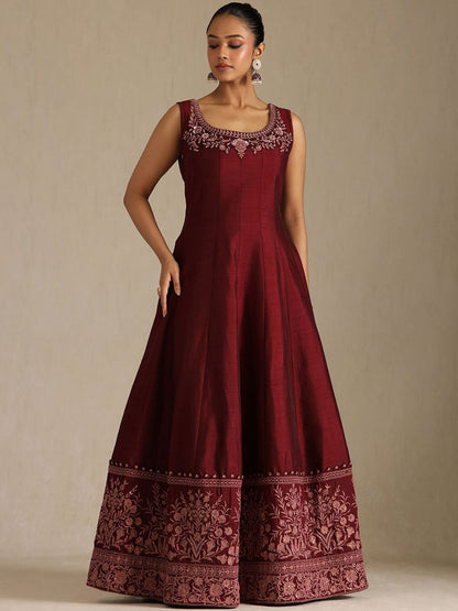 Dhiyona SO Women's Floral Embroidered Beads and Stones A-Line Gown with Dupatta