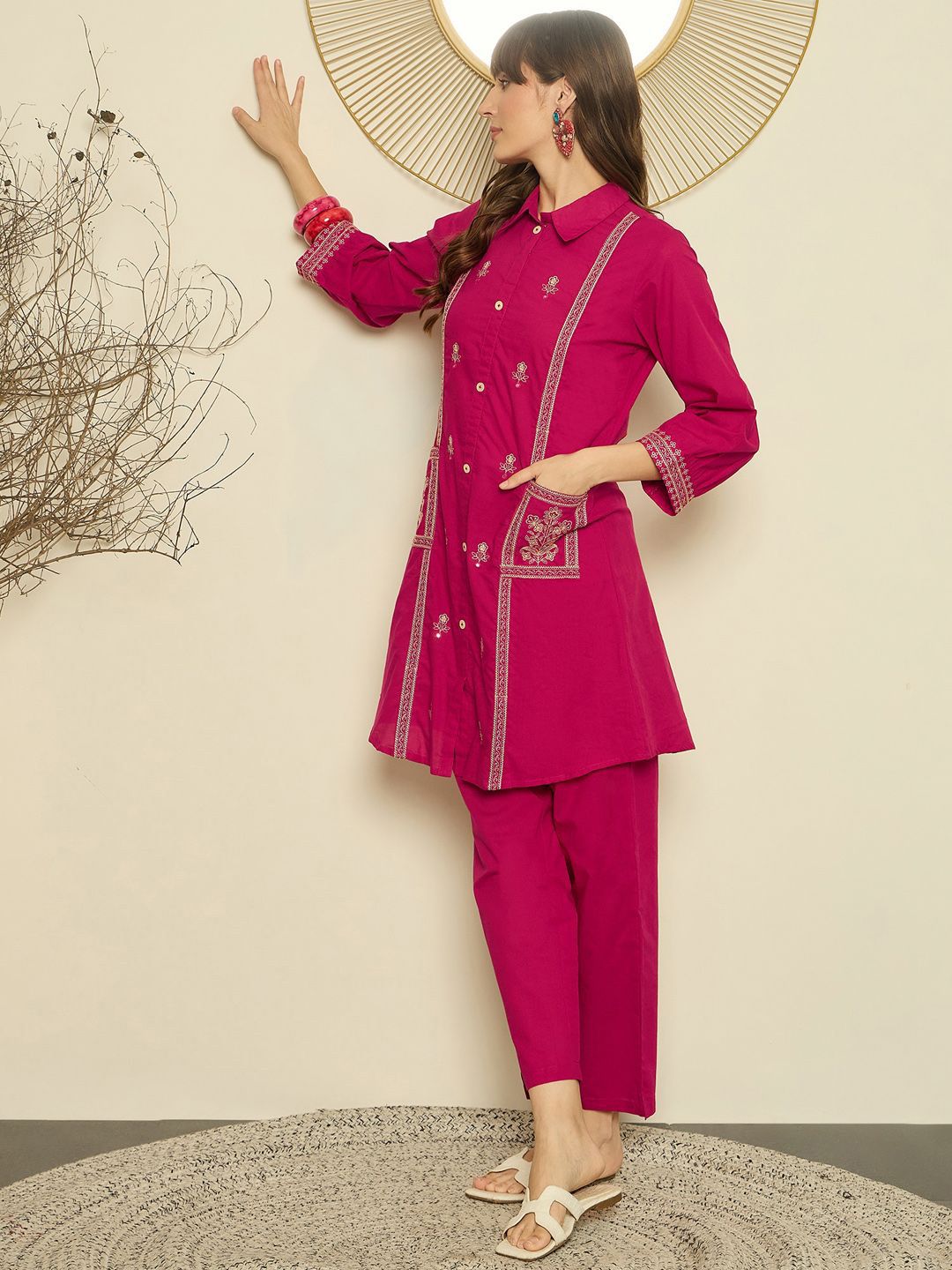 Dhiyona IE Women Embroidered Shirt Collar Cotton Top and Trousers Co-Ords