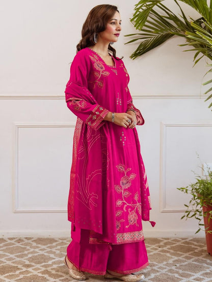 Women Floral Embroidered Thread Work Kurta with Palazzos & Dupatta