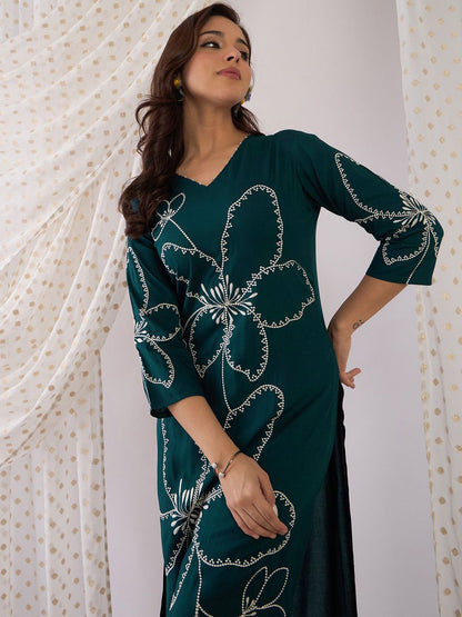 Dhiyona IE Women Floral Embroidered Regular Thread Work Kurta with Palazzos