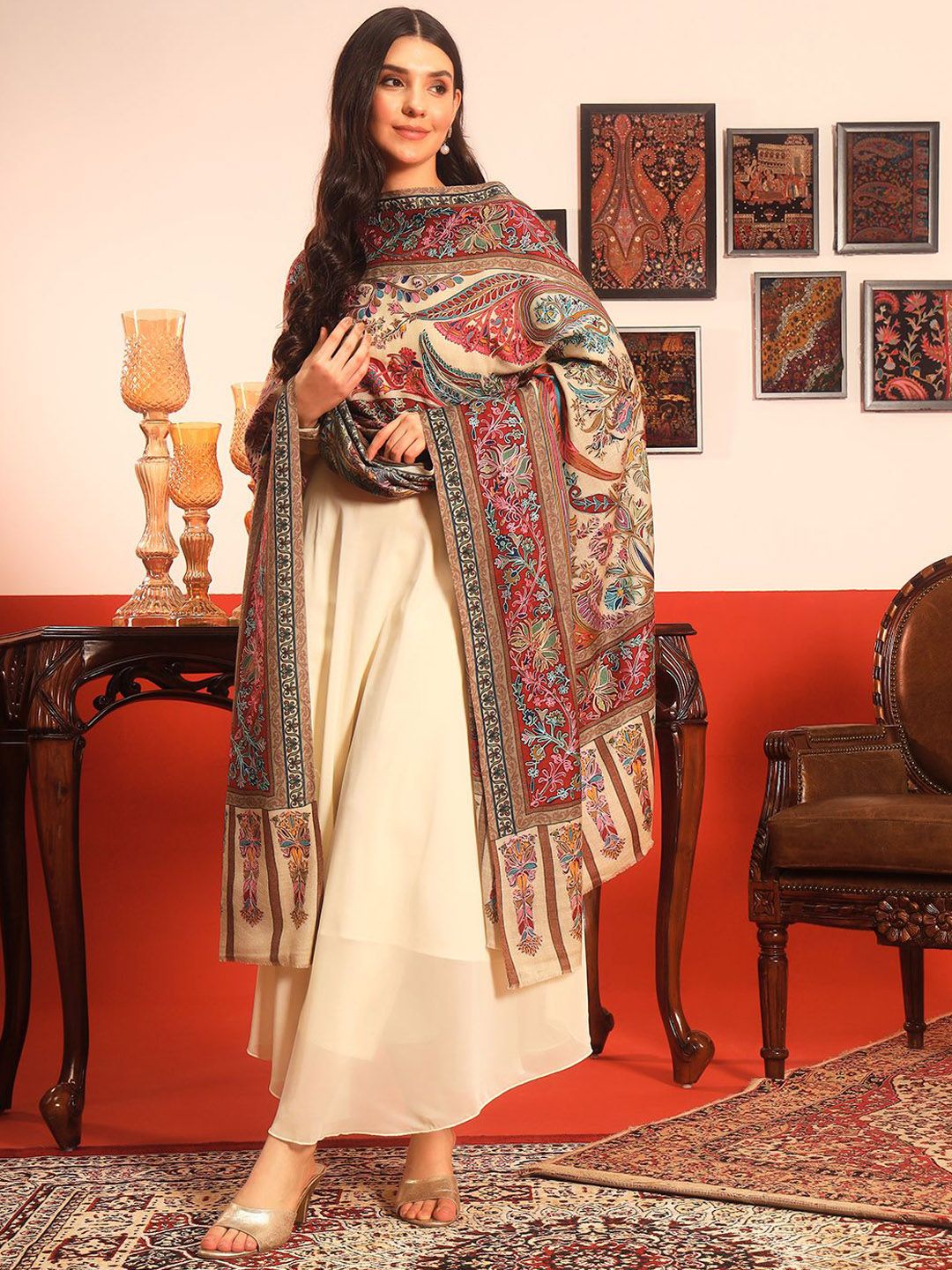 Dhiyona PA Paisley Embroidered Rangkalam Pure Wool Kalamkari Shawl
