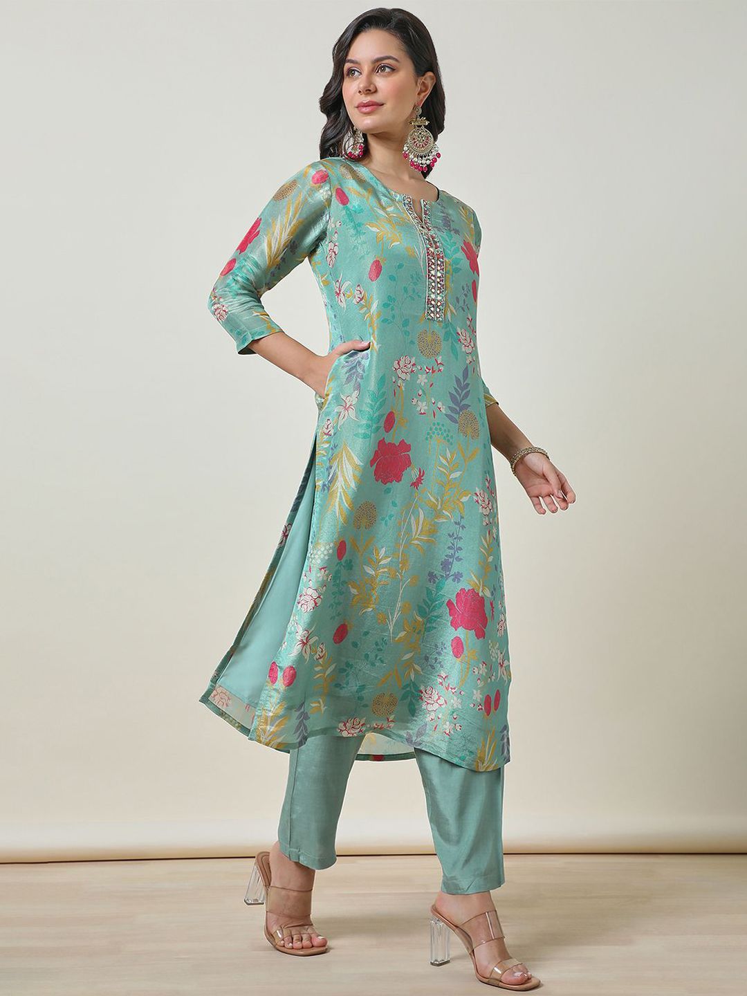 Dhiyona SO Women's Turquoise Blue Floral Printed Mirror Work Yoke Design Straight Kurta With Trousers
