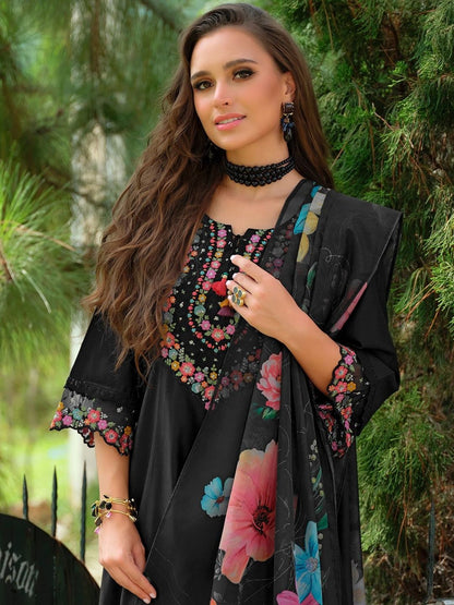 Floral Embroidered Notch neck Thread Work Straight Kurta With Trouser & Dupatta