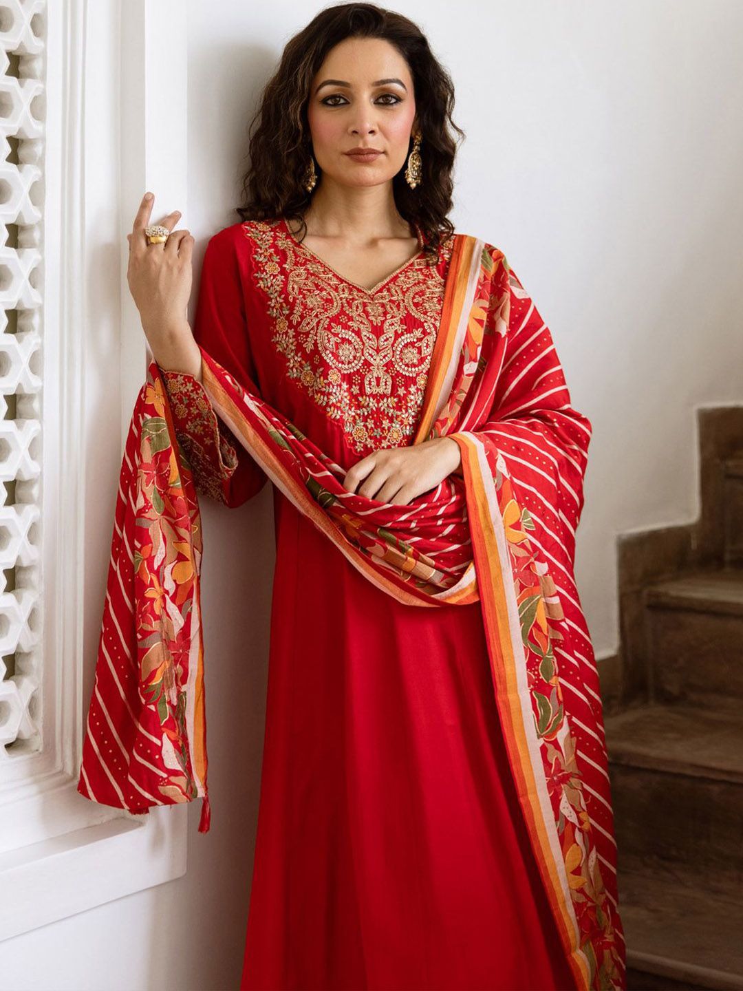 Dhiyona IE Women Ethnic Motifs Embroidered Empire Kurta with Trousers & With Dupatta
