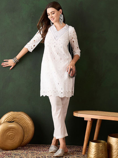Dhiyona SN Women's White Floral Embroidered V-Neck Mirror Work Pure Cotton Kurta with Trousers