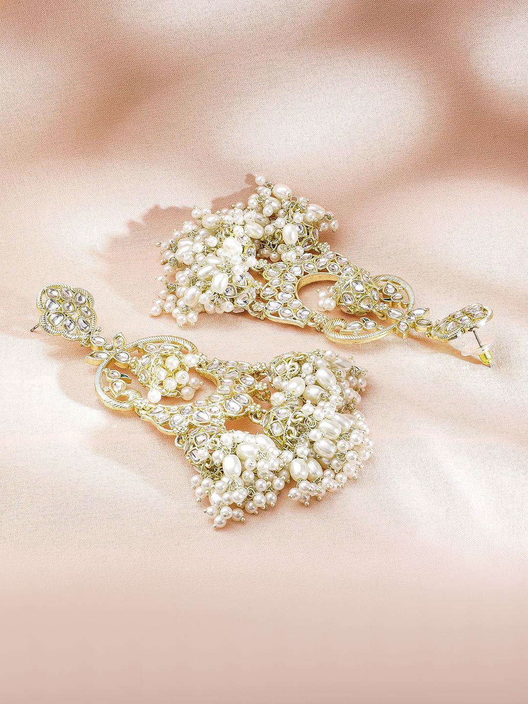 Dhiyona RJ Women's 22K Gold-Plated Kundan & Pearl Studded Oversized Dangle Jhumka Earrings