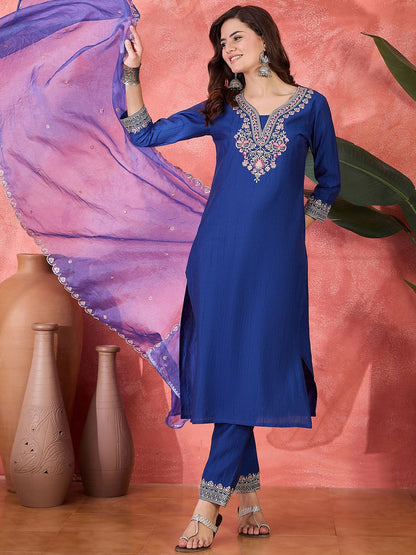 Dhiyona SN Women's Embroidered Zari Mirror Work Kurta Pant with Dupatta Set