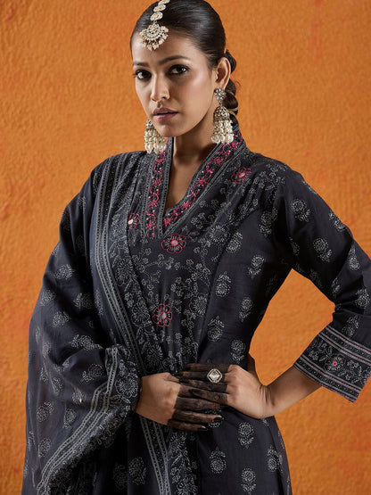 Dhiyona IE Floral Printed Mirror Work Pure Cotton A-Line Kurta With Trousers & Dupatta