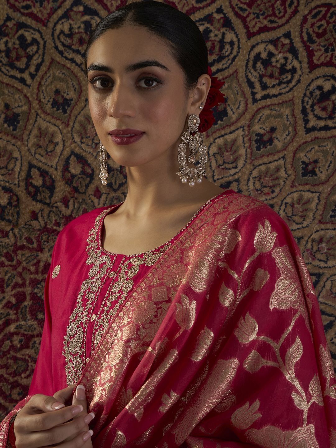 Floral Embroidered Thread Work Round Neck Straight Kurta With Trouser & Dupatta