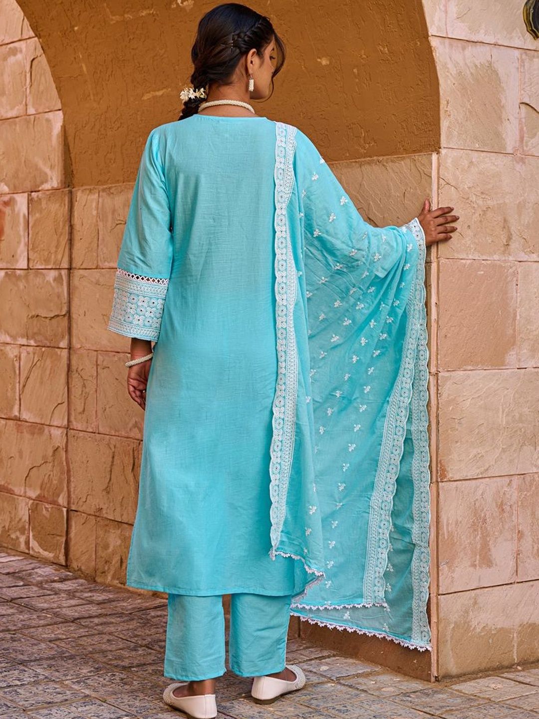 Women Ethnic Motifs Embroidered Regular Chikankari Pure Cotton Kurta with Trousers & With Dupatta