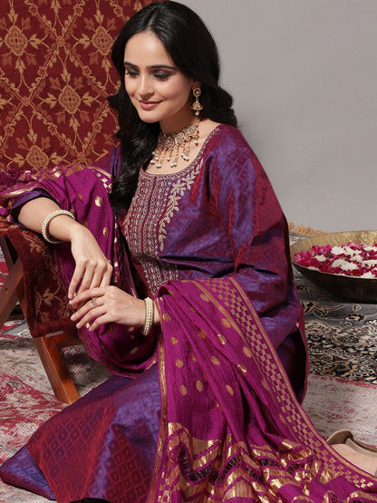Dhiyona VA Women'sGeometric Woven Design Regular Zari Kurta with Trousers & Dupatta