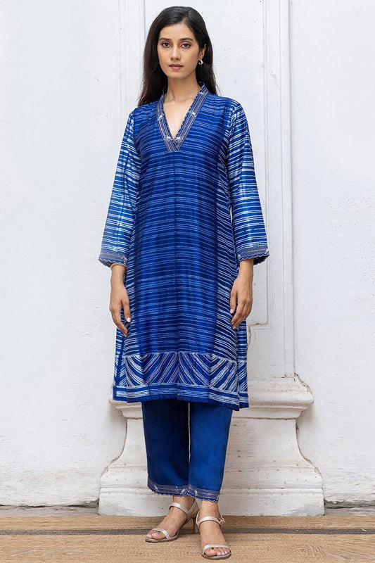 Women's Classic Blue Silk Hand Made Tussar Silk Shibori Co-ord Set