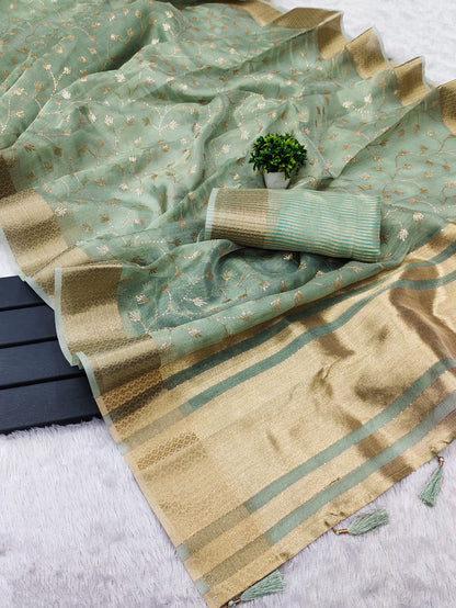 Dhiyona GR Women's Amani Green Tissue Cotton Silk Embroidered Saree