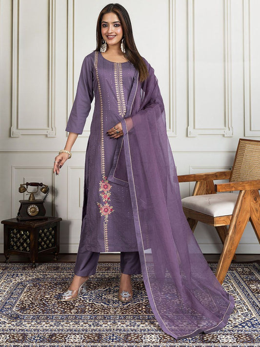 Dhiyona PD Women Floral Embroidered Round Neck Sequinned Kurta With Trouser & Dupatta