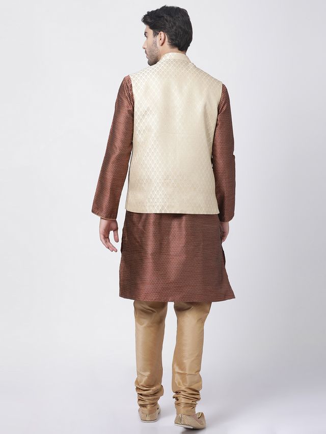 Men's Maroon Silk Blend Straight Jacket  Kurta and Pyjama Set