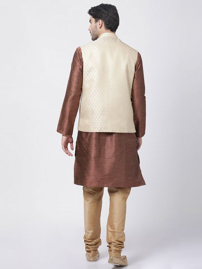 Men's Maroon Silk Blend Straight Jacket  Kurta and Pyjama Set