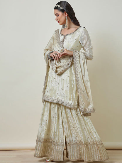 Dhiyona SO Women's Cream Floral Embroidered Notch Neck Zari Straight Kurta With Sharara & Dupatta