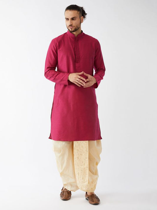 Men's Pink Viscose Blend Straight Kurta and Dhoti Set