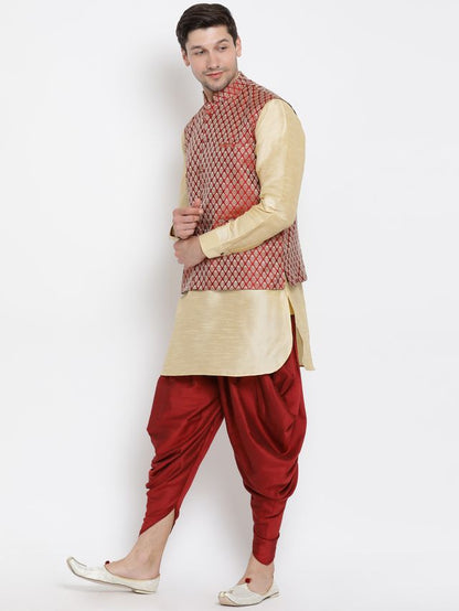 Men's Rose Gold Silk Blend Straight Jacket  Kurta and Dhoti Set