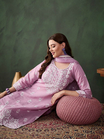 Dhiyona SN Women's Lavender Floral Embroidered Thread Work Cotton Kurta & Trouser With Dupatta