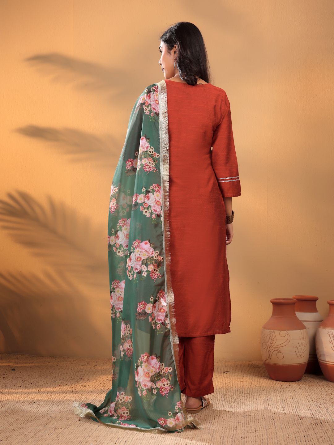 Dhiyona VA Women'sMaroon Floral Yoke Design Thread Work Straight Kurta With Trousers & Dupatta