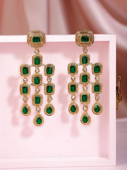 Dhiyona RJ Women's 22K Gold-Plated Emerald Gemstone Studded Chandelier Drop Earrings