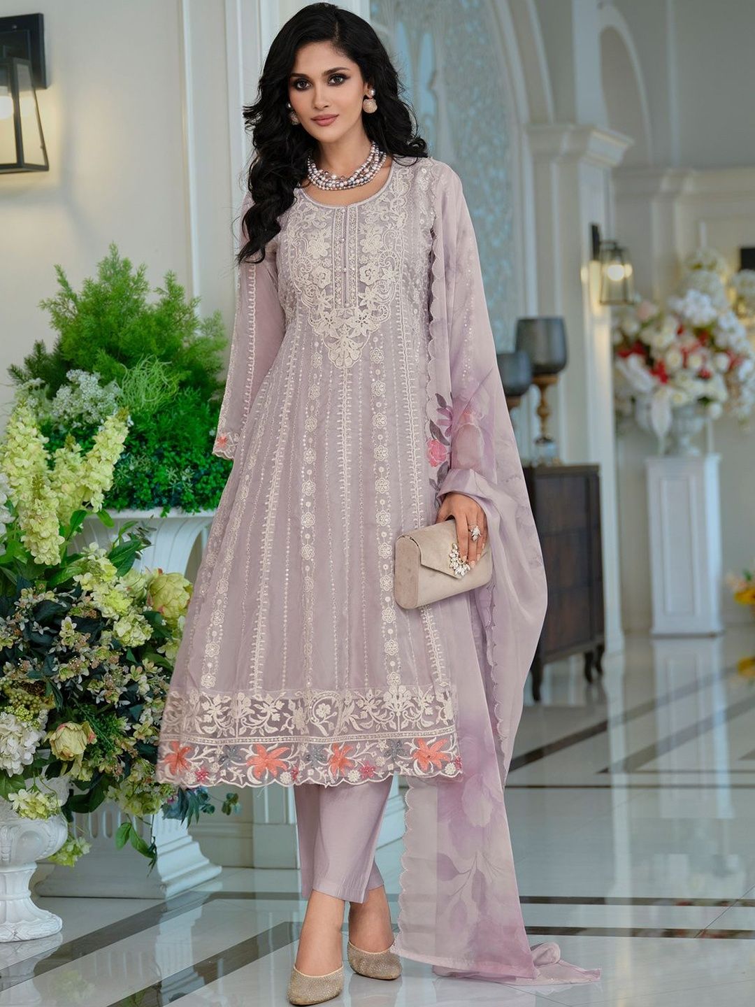 Floral Embroidered Thread Work Organza A-Line Kurta & Trousers With Dupatta
