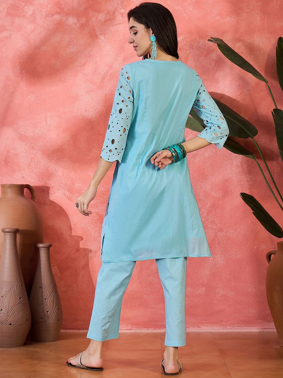 Dhiyona SN Women's Self Design Pure Cotton V Neck Straight Kurta With Trouser