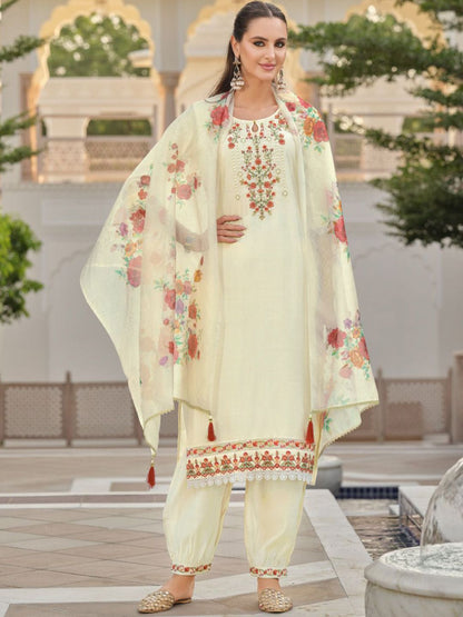 Dhiyona VA Women'sFloral Embroidered Key Hole Neck Kurta With Salwar & Dupatta