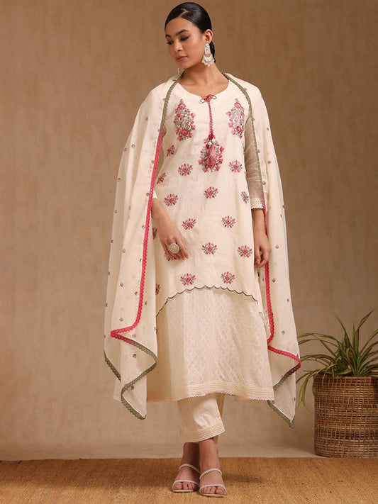 Dhiyona SO Women's Floral Embroidered Thread Work Tie-Up Neck Straight Kurta With Trousers And Dupatta