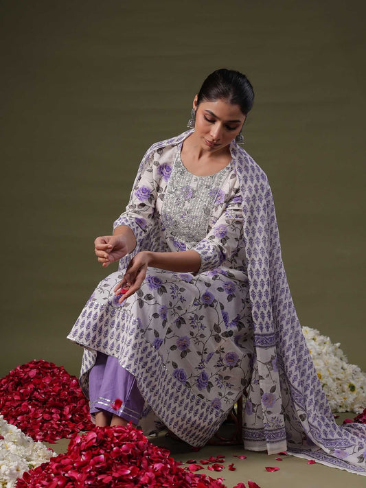 Dhiyona IE Round Neck Floral Printed Empire Sequinned Cotton Kurta with Trouser & Dupatta