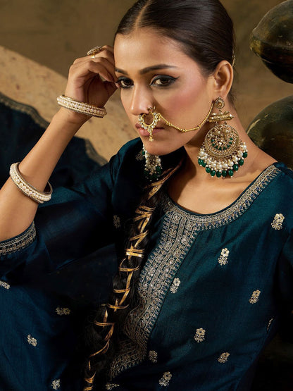 Ethnic Embroidered Thread Work Round Neck Silk Blend Kurta with Trouser & Dupatta