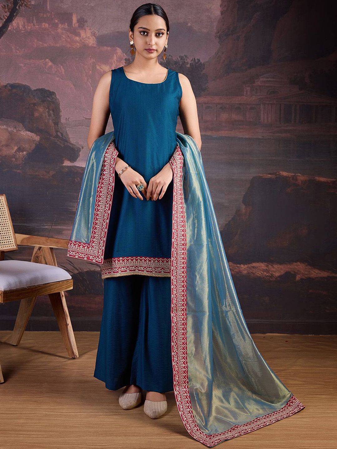 Dhiyona PD Women Zari Work Sleeveless Straight Kurta And Palazzo With Dupatta