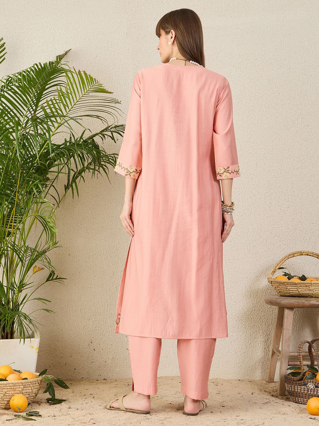 Dhiyona IE Floral Embroidered V-Neck A-Line Tunic With Trousers